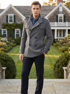 Men's long wool overcoat – Gray lifestyle view – Edward & Lawsen
