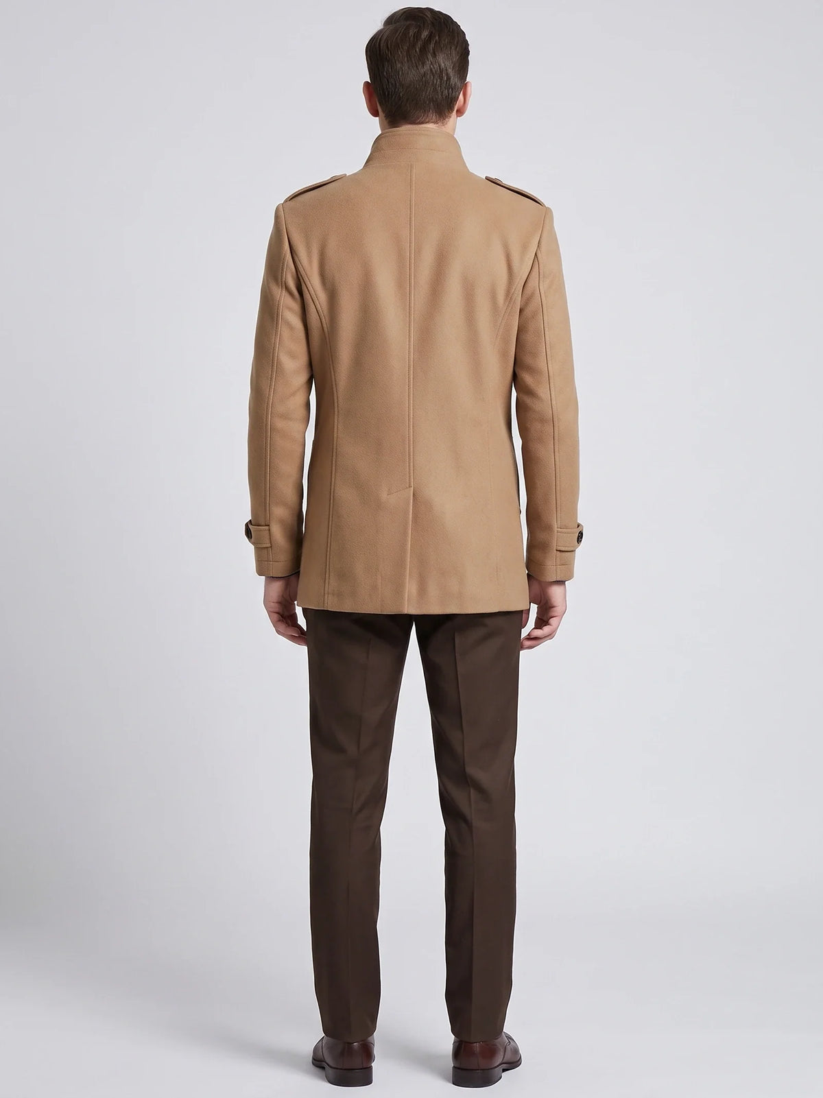 Men's long wool overcoat – Khaki back view – Edward & Lawsen