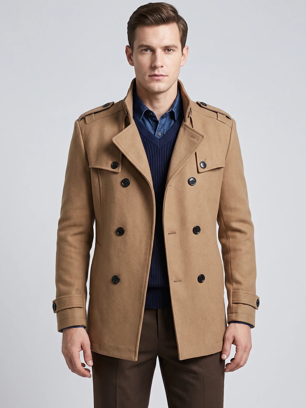 Men's long wool overcoat – Khaki front view – Edward & Lawsen