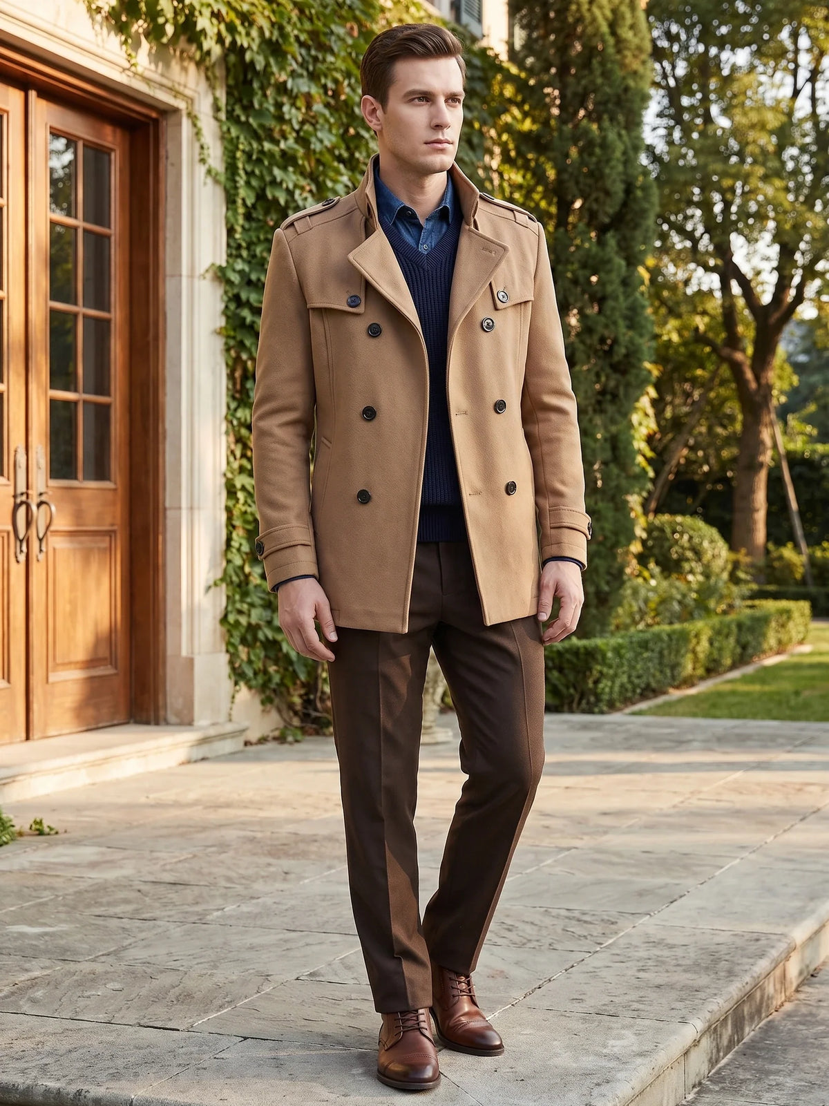 Men's long wool overcoat – Khaki lifestyle view – Edward & Lawsen