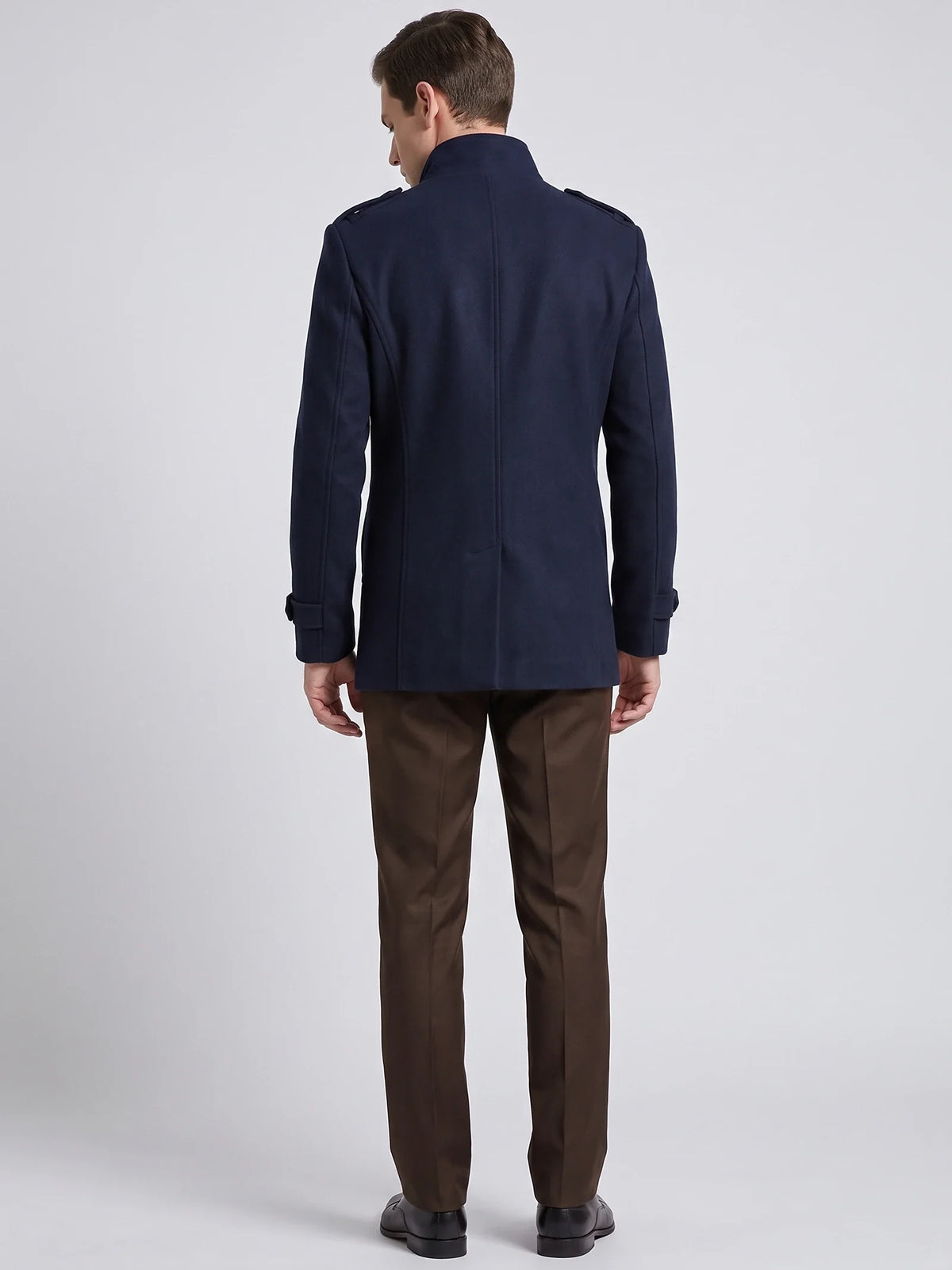 Men's long wool overcoat – Navy back view – Edward & Lawsen