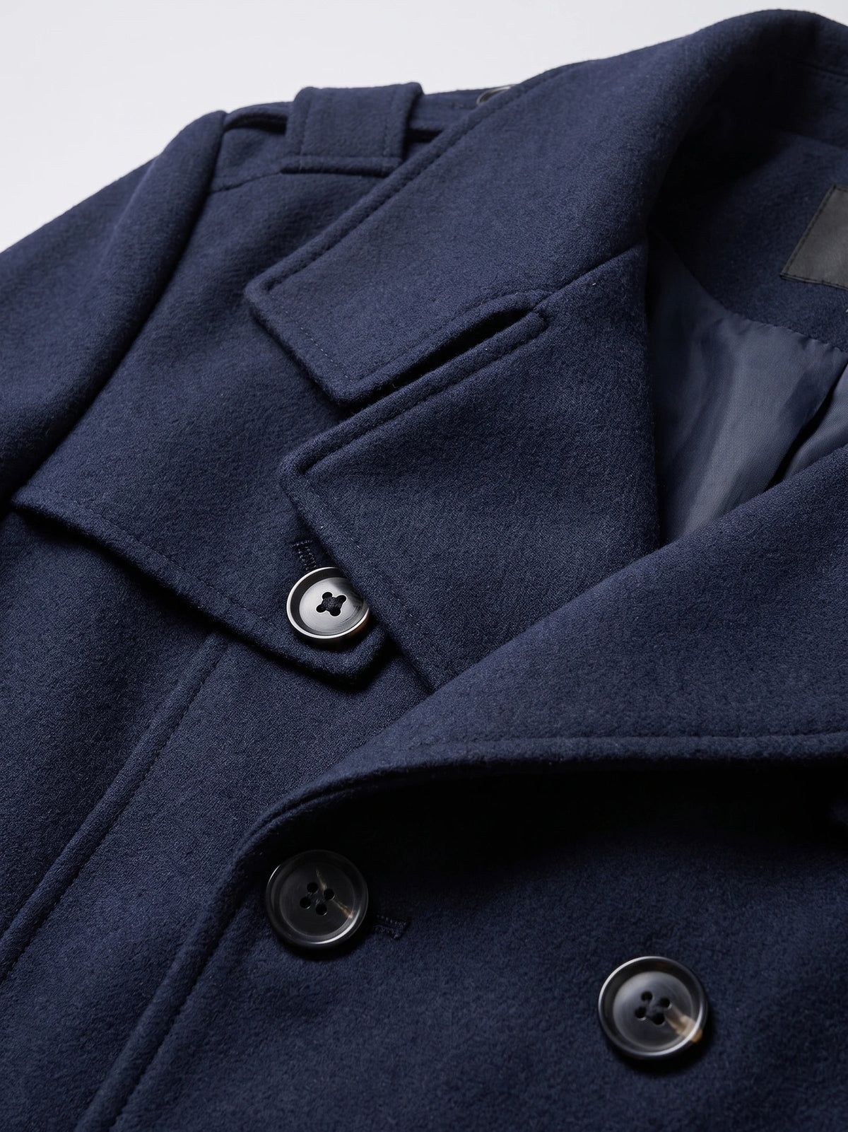 Men's long wool overcoat – Navy detail view – Edward & Lawsen