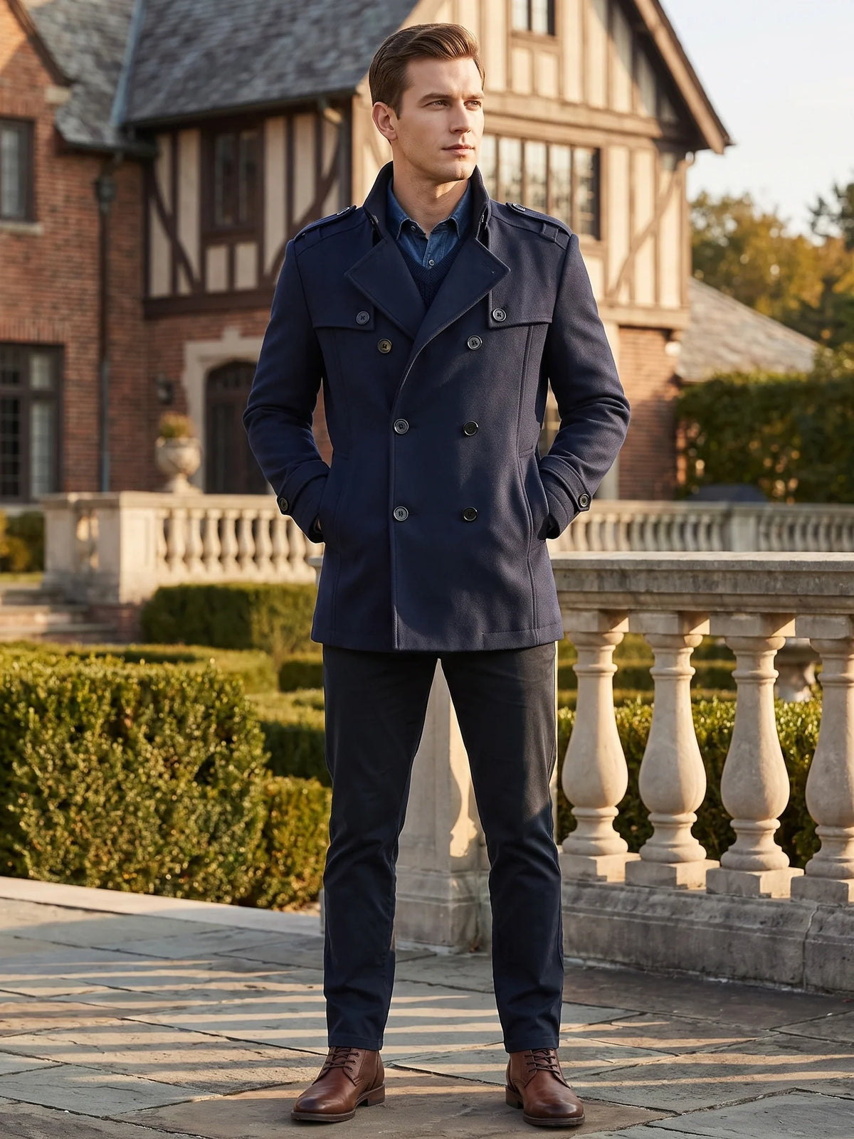 Men's long wool overcoat – Navy lifestyle view – Edward & Lawsen