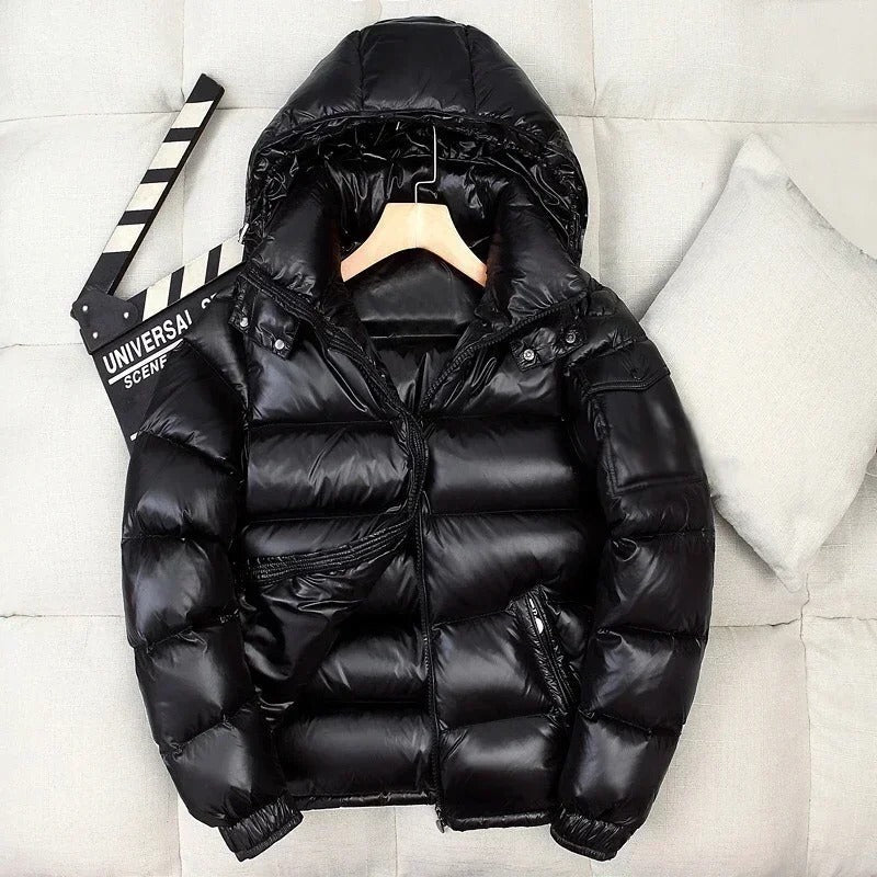 Men's glossy hooded down puffer jacket – black – Edward Lawson
