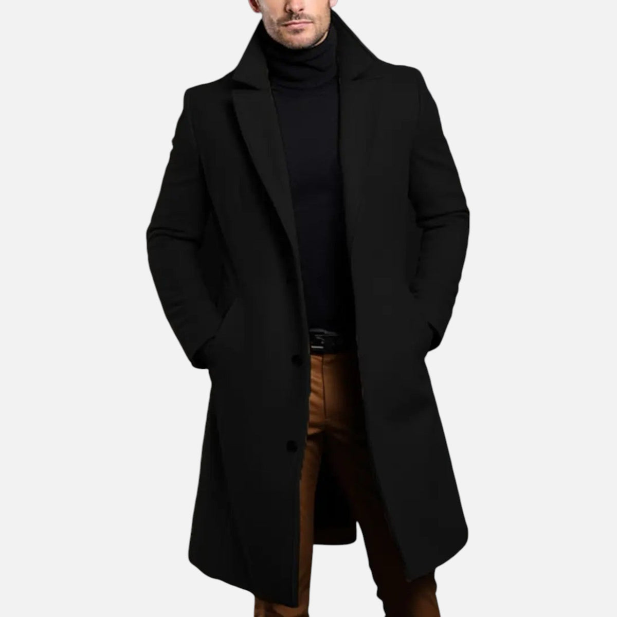 Men's single-breasted long overcoat – black – Edward Lawson