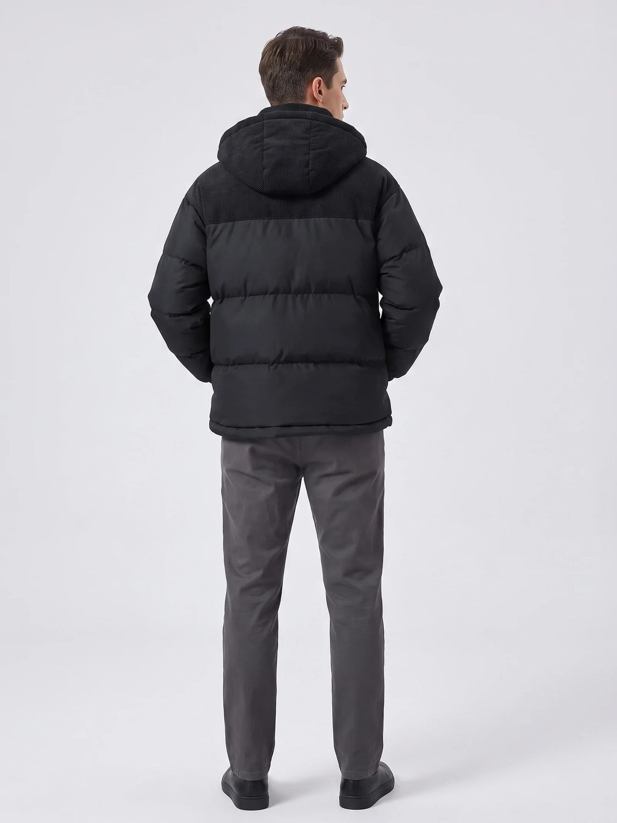 Men's padded puffer jacket – Black back view – Edward & Lawsen