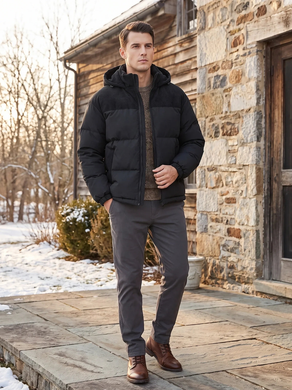 Men's padded puffer jacket – Black lifestyle view – Edward & Lawsen