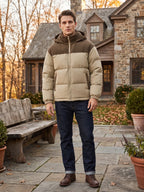 Men's padded puffer jacket – Khaki lifestyle view – Edward & Lawsen