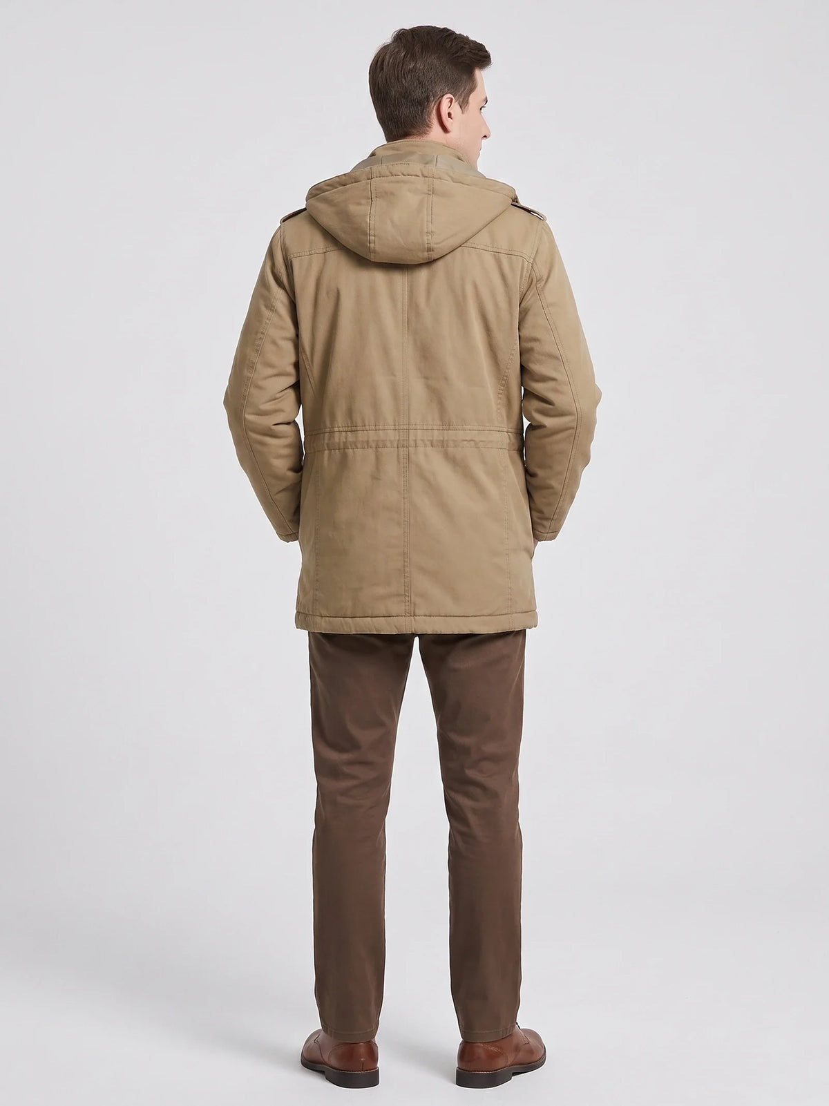 Men's fleece-lined hooded parka – Khaki back view – Edward & Lawsen