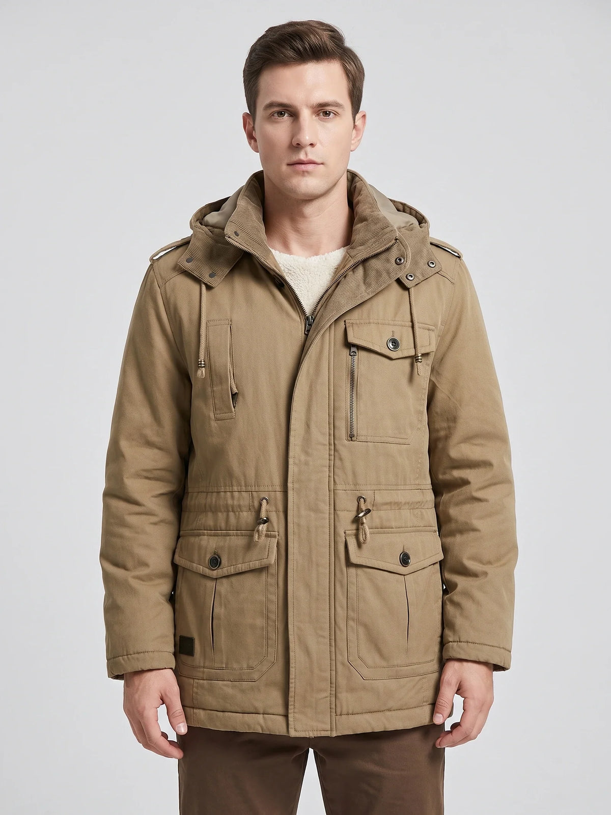 Men's fleece-lined hooded parka – Khaki front view – Edward & Lawsen
