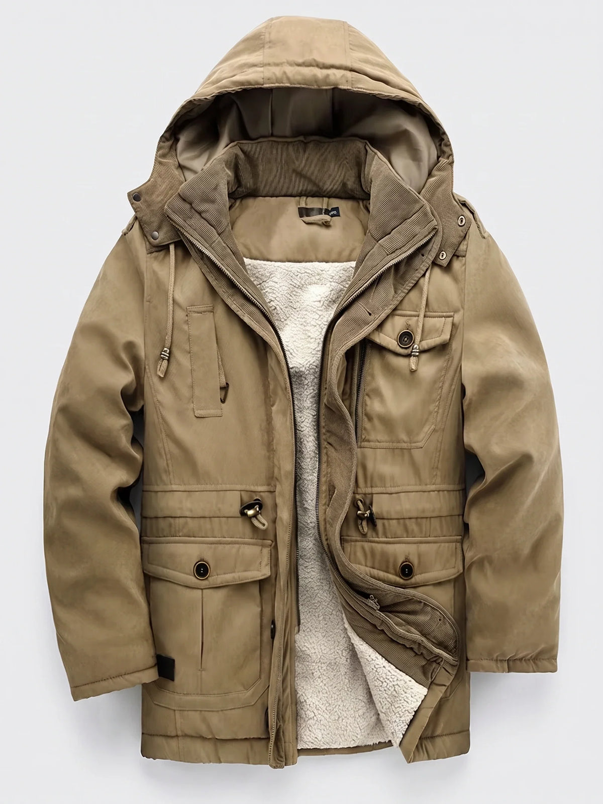 Men's fleece-lined hooded parka – Khaki full view – Edward & Lawsen