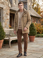 Men's fleece-lined hooded parka – Khaki lifestyle view – Edward & Lawsen