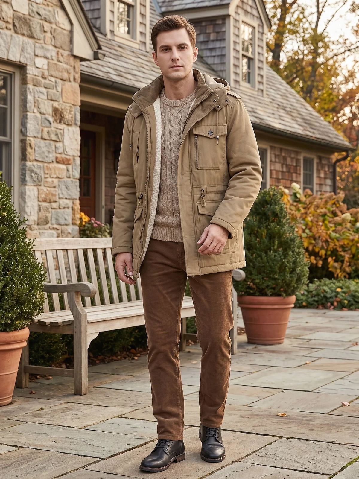 Men's fleece-lined hooded parka – Khaki lifestyle view – Edward & Lawsen