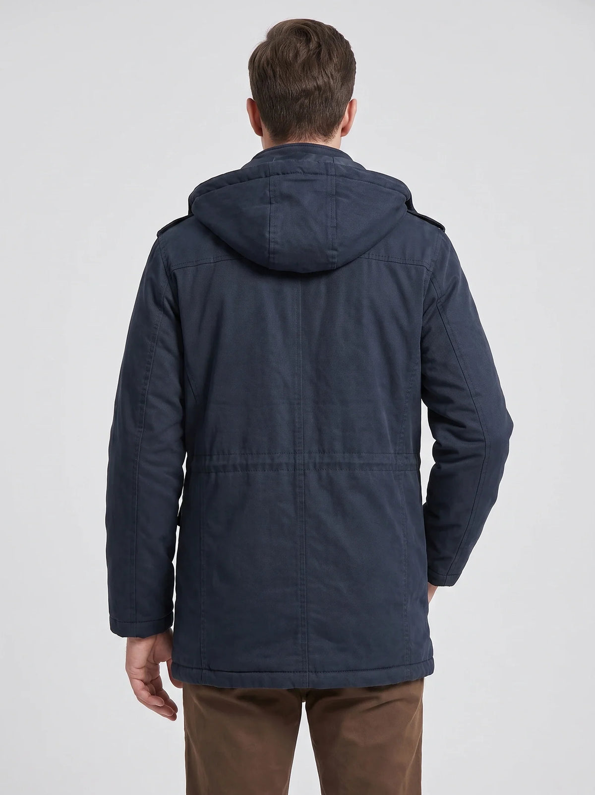 Men's fleece-lined hooded parka – Navy back view – Edward & Lawsen