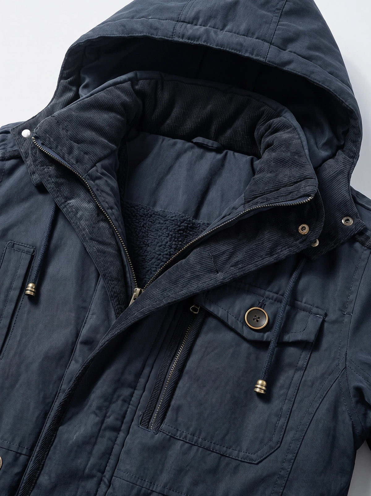 Men's fleece-lined hooded parka – Navy detail view – Edward & Lawsen
