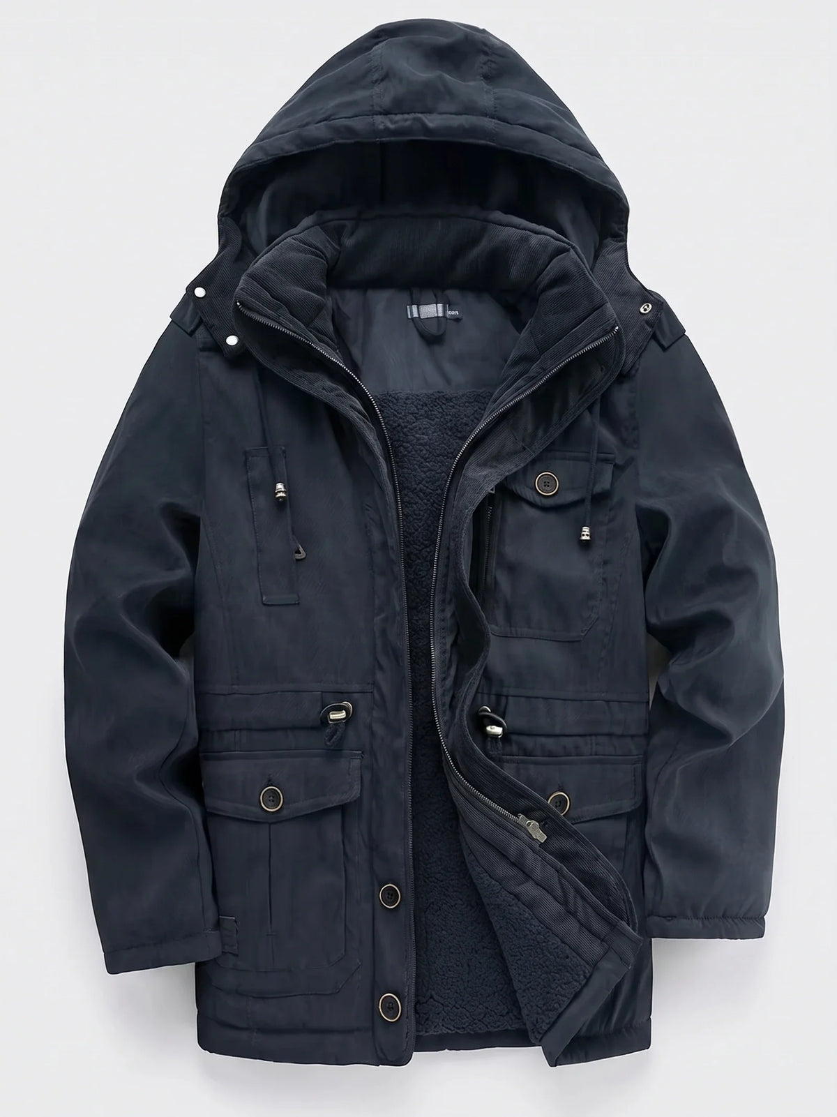 Men's fleece-lined hooded parka – Navy full view – Edward & Lawsen