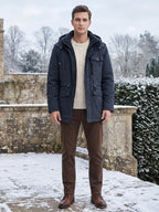 Men's fleece-lined hooded parka – Navy lifestyle view – Edward & Lawsen