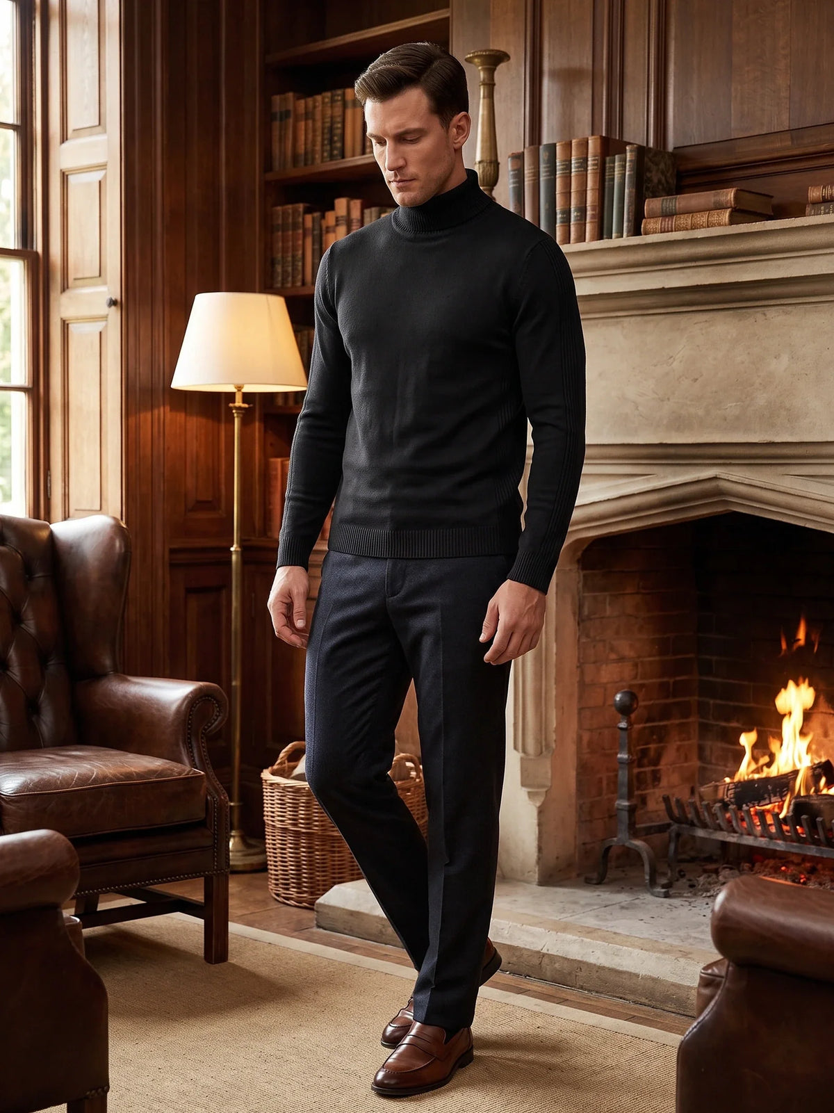 Men's slim fit turtleneck sweater – Black lifestyle view – Edward & Lawsen