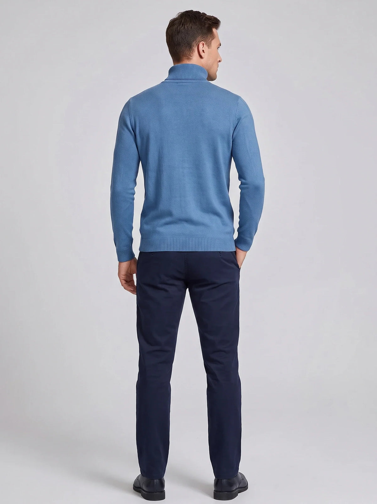 Men's slim fit turtleneck sweater – Blue back view – Edward & Lawsen