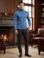 Men's slim fit turtleneck sweater – Blue lifestyle view – Edward & Lawsen