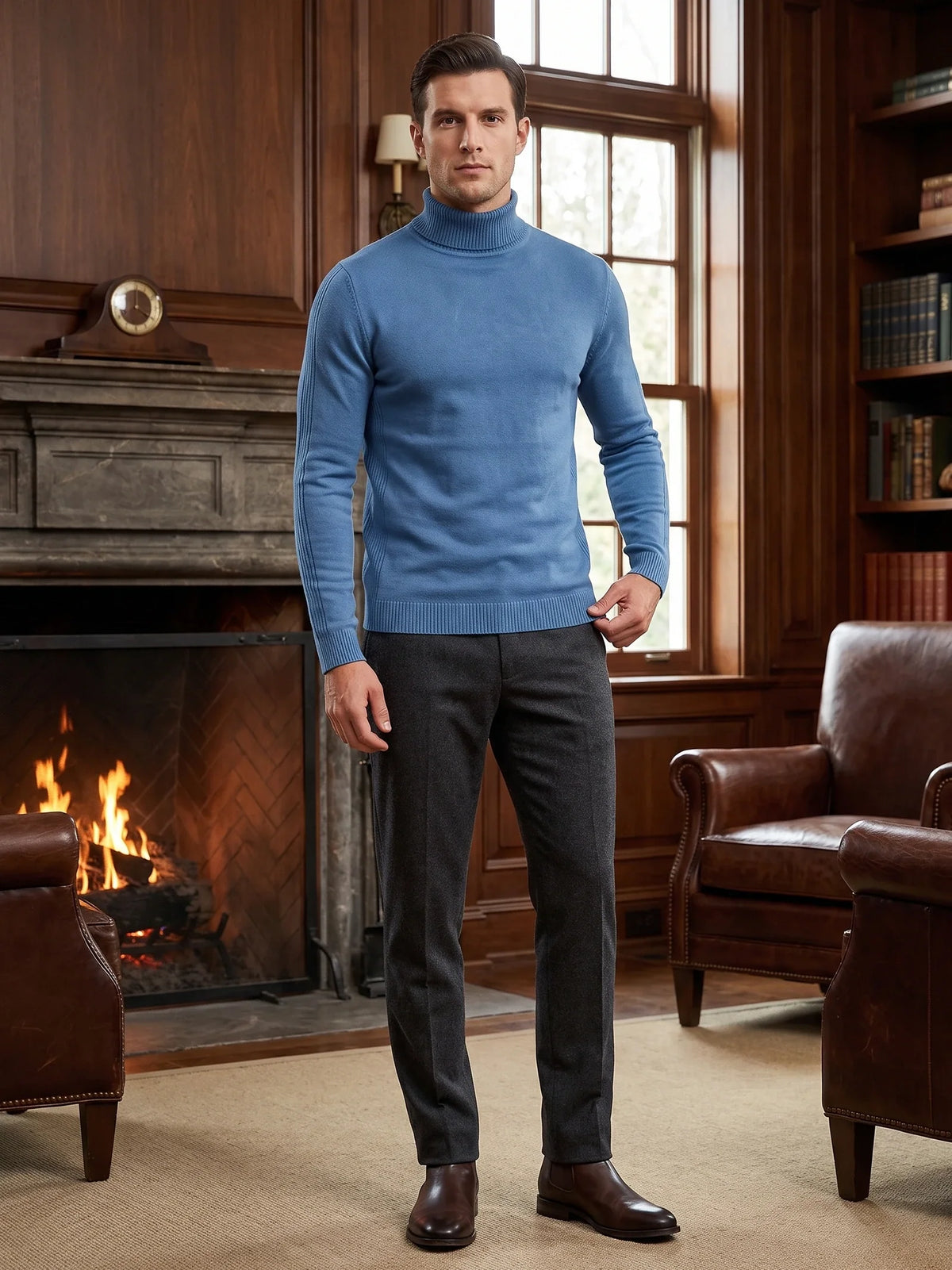 Men's slim fit turtleneck sweater – Blue lifestyle view – Edward & Lawsen