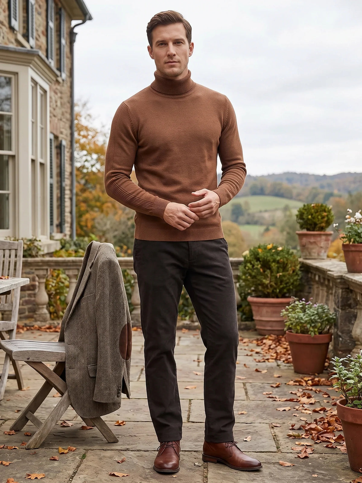Men's slim fit turtleneck sweater – Brown lifestyle view – Edward & Lawsen