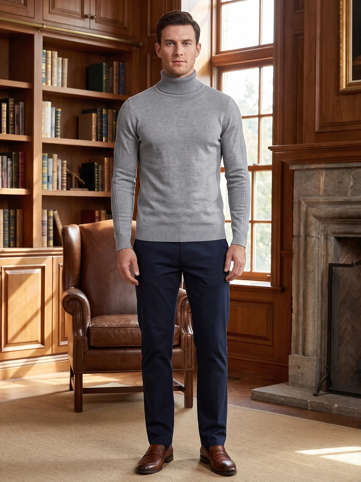 Men's slim fit turtleneck sweater – Gray lifestyle view – Edward & Lawsen