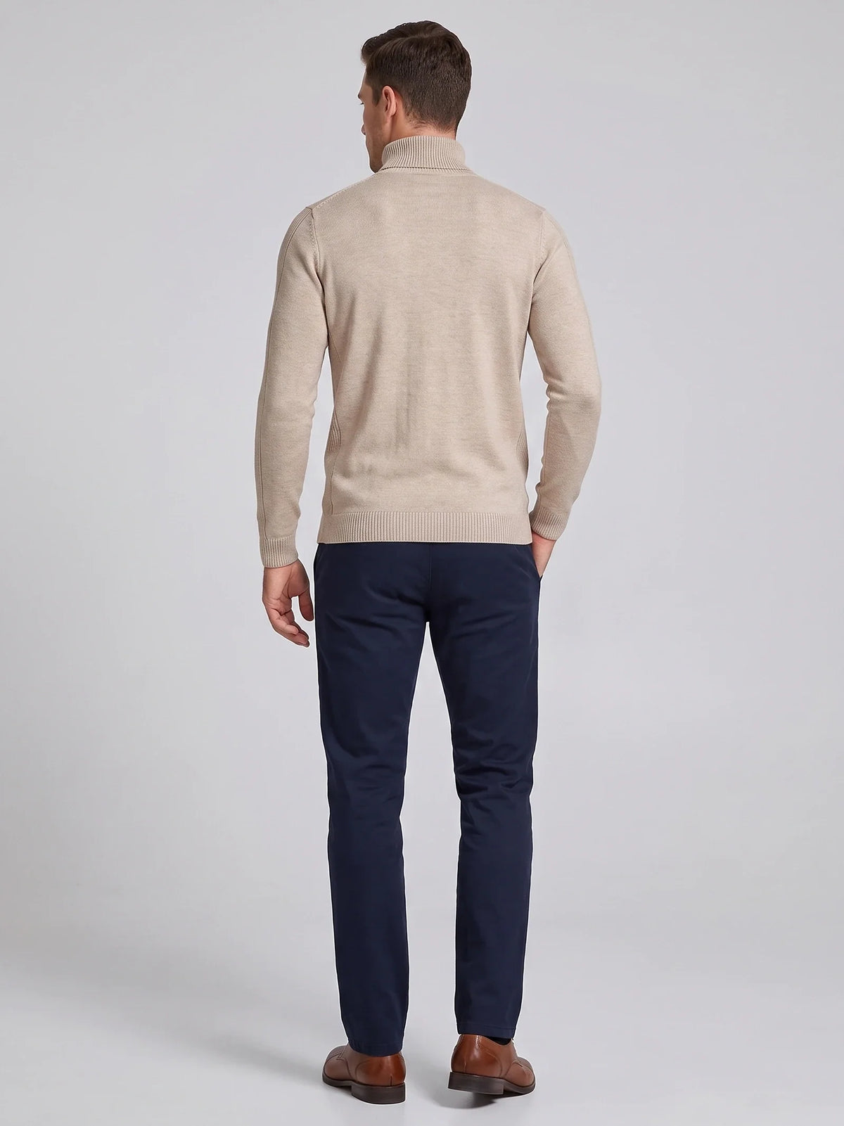 Men's slim fit turtleneck sweater – Khaki back view – Edward & Lawsen