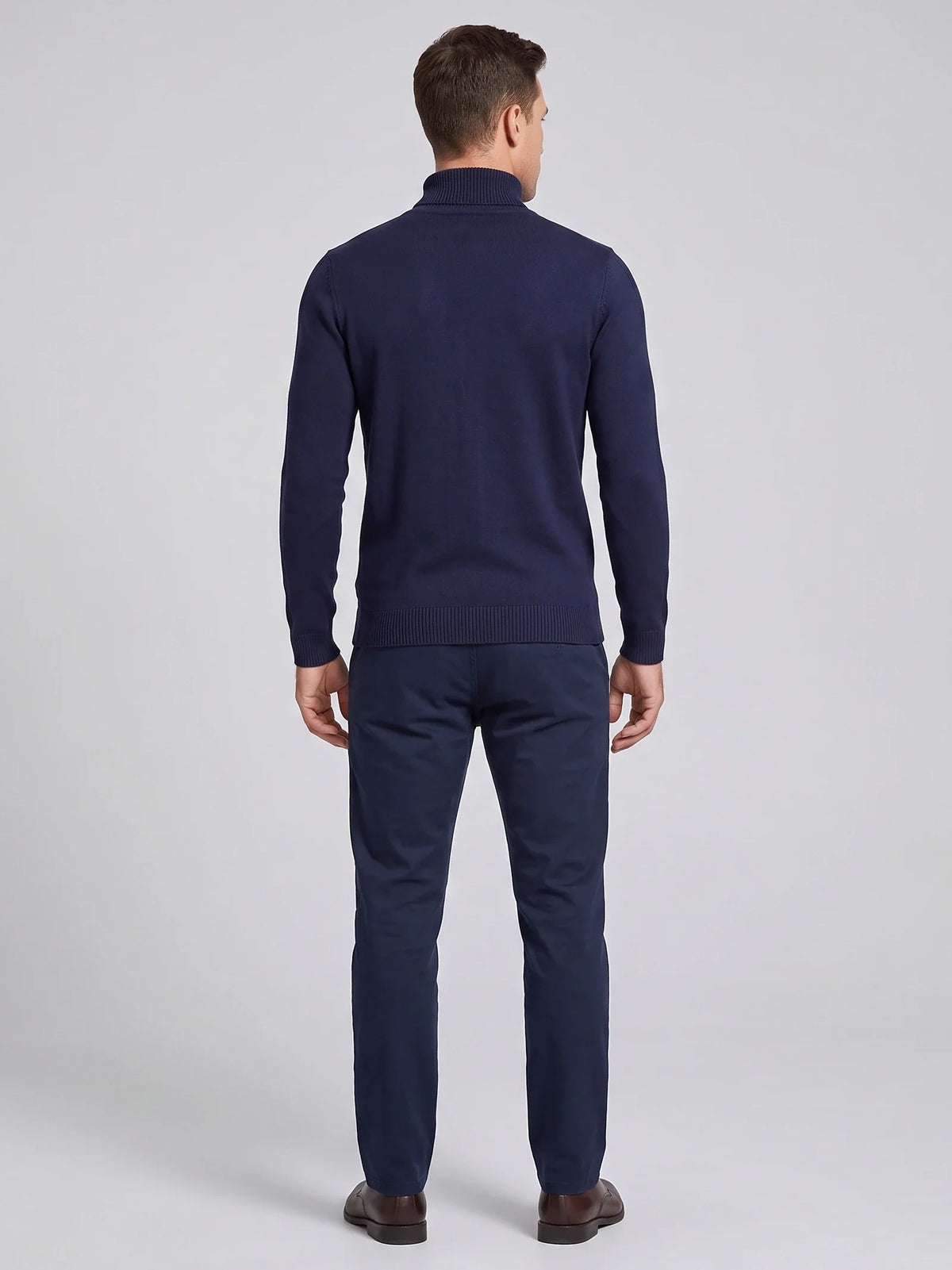 Men's slim fit turtleneck sweater – Navy back view – Edward & Lawsen