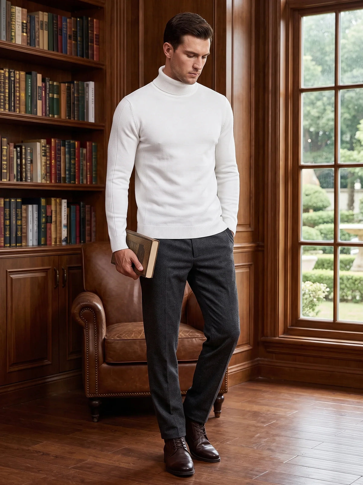 Men's slim fit turtleneck sweater – White lifestyle view – Edward & Lawsen