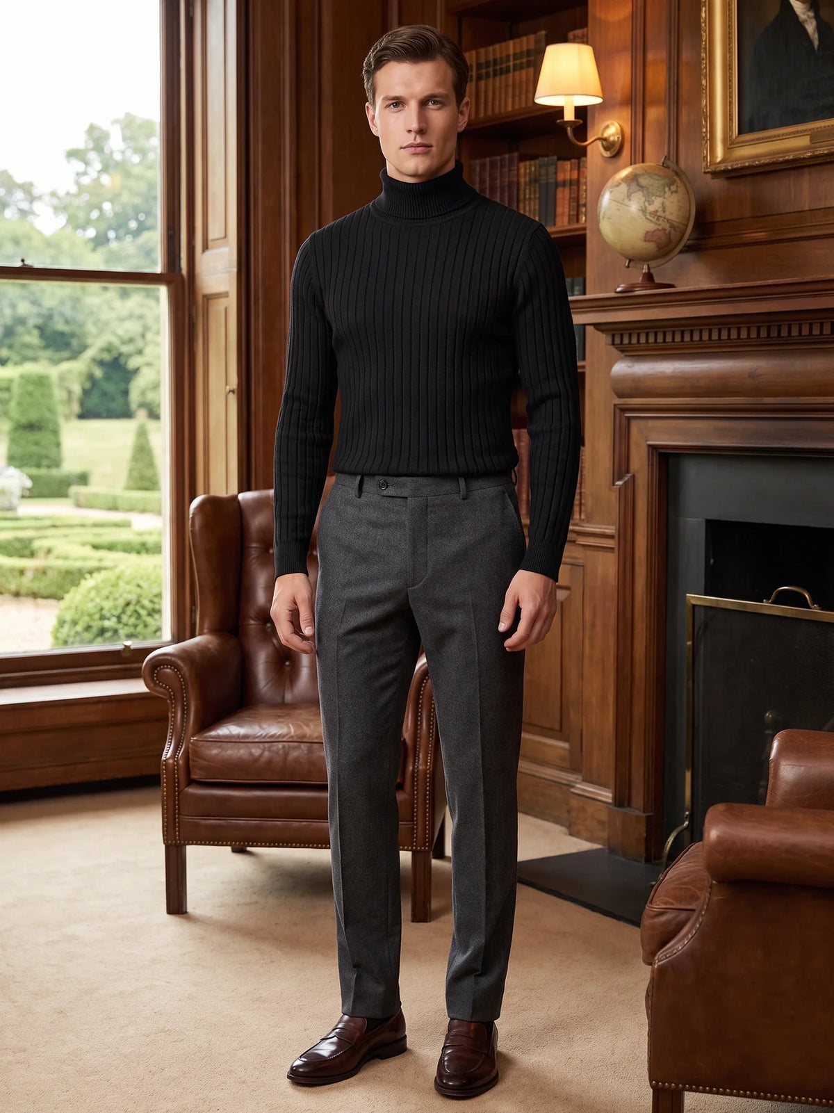 Men's striped turtleneck sweater – Black lifestyle view – Edward & Lawsen