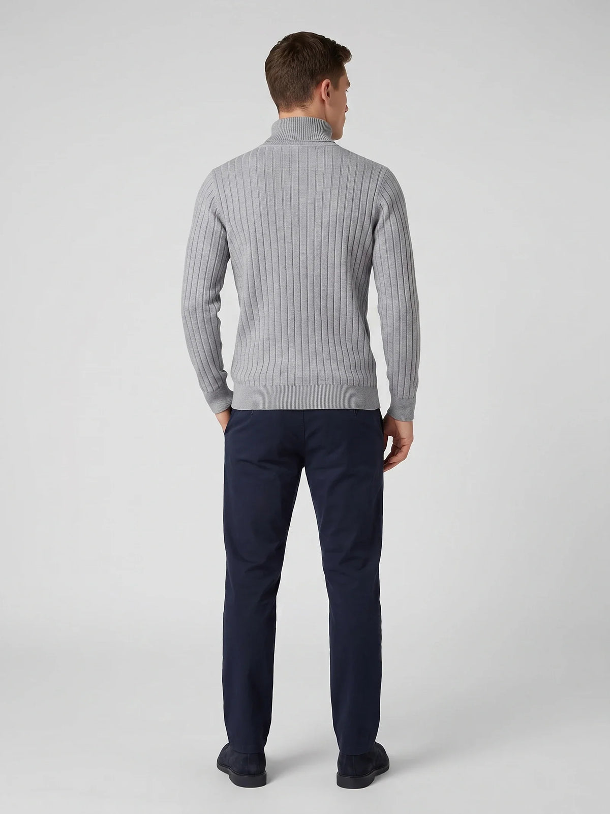 Men's striped turtleneck sweater – Gray back view – Edward & Lawsen
