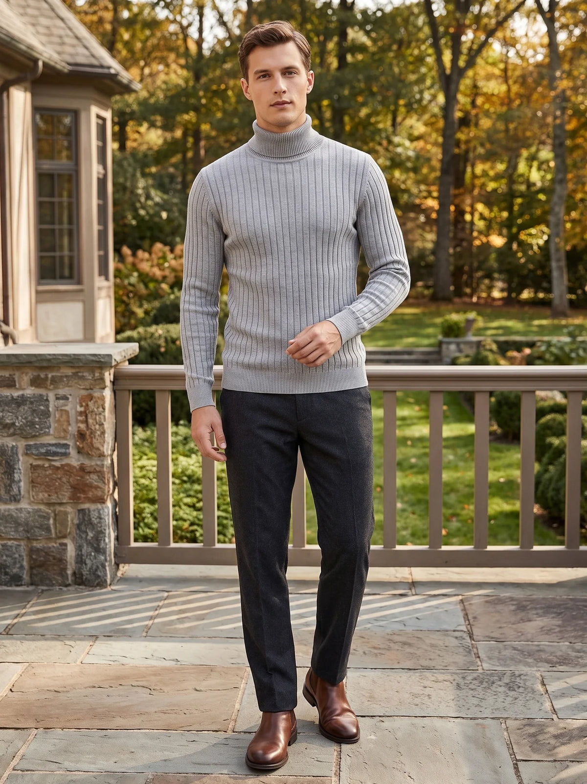 Men's striped turtleneck sweater – Gray lifestyle view – Edward & Lawsen