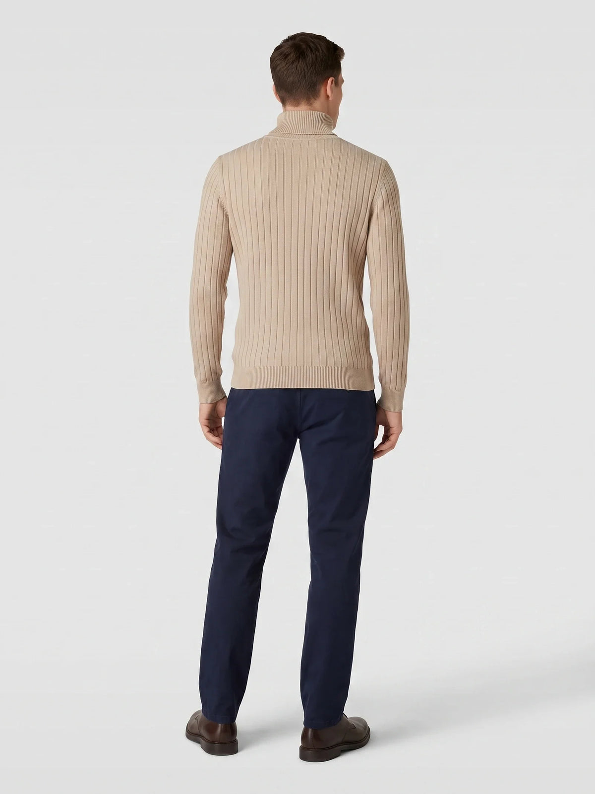 Men's striped turtleneck sweater – Khaki back view – Edward & Lawsen