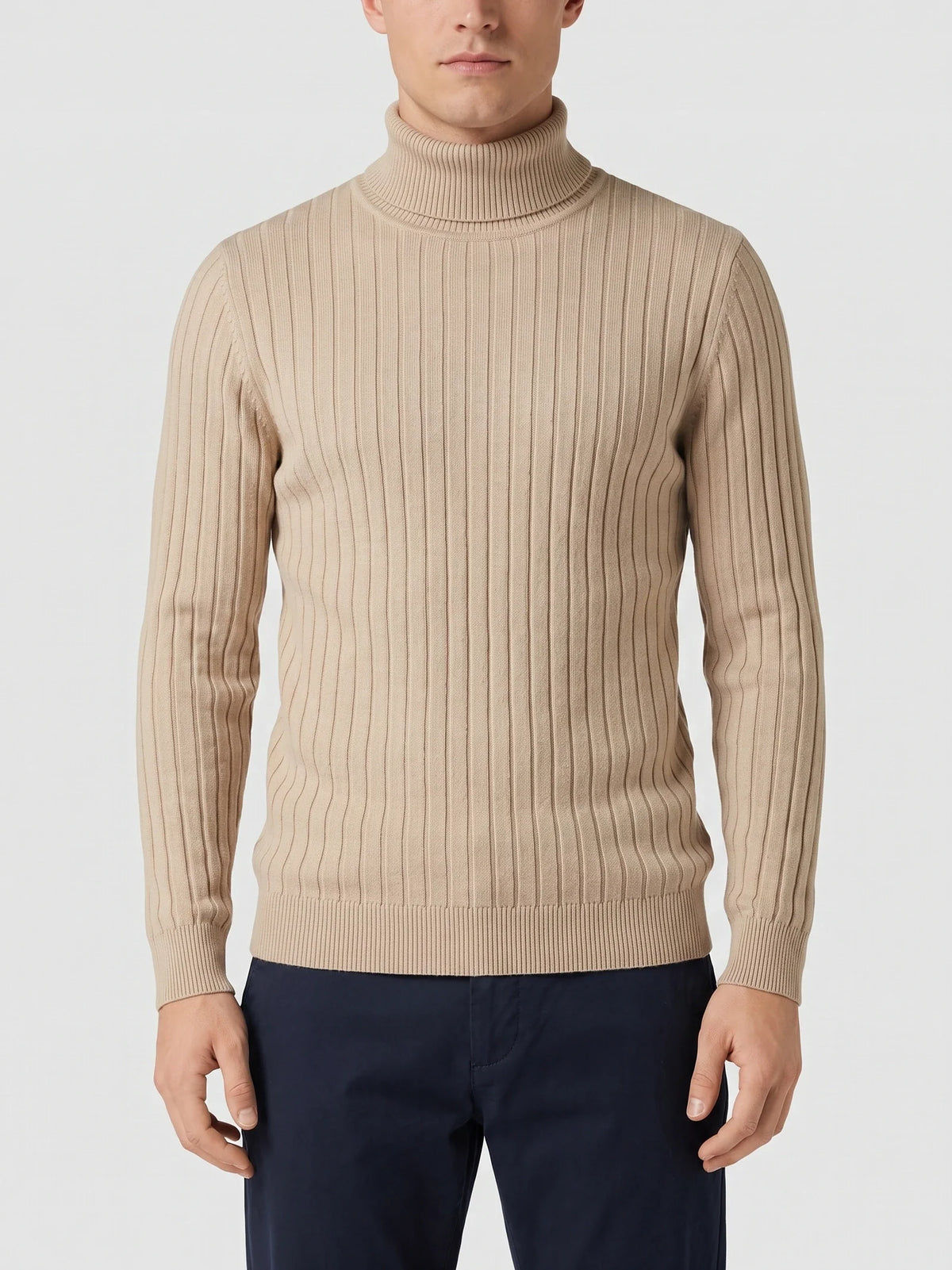 Men's striped turtleneck sweater – Khaki front view – Edward & Lawsen