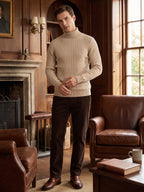 Men's striped turtleneck sweater – Khaki lifestyle view – Edward & Lawsen