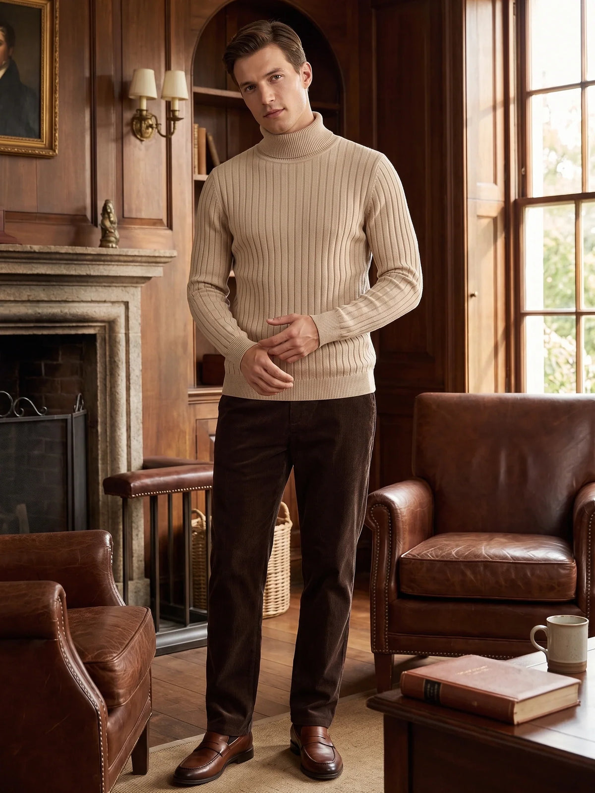 Men's striped turtleneck sweater – Khaki lifestyle view – Edward & Lawsen