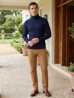 Men's striped turtleneck sweater – Navy lifestyle view – Edward & Lawsen