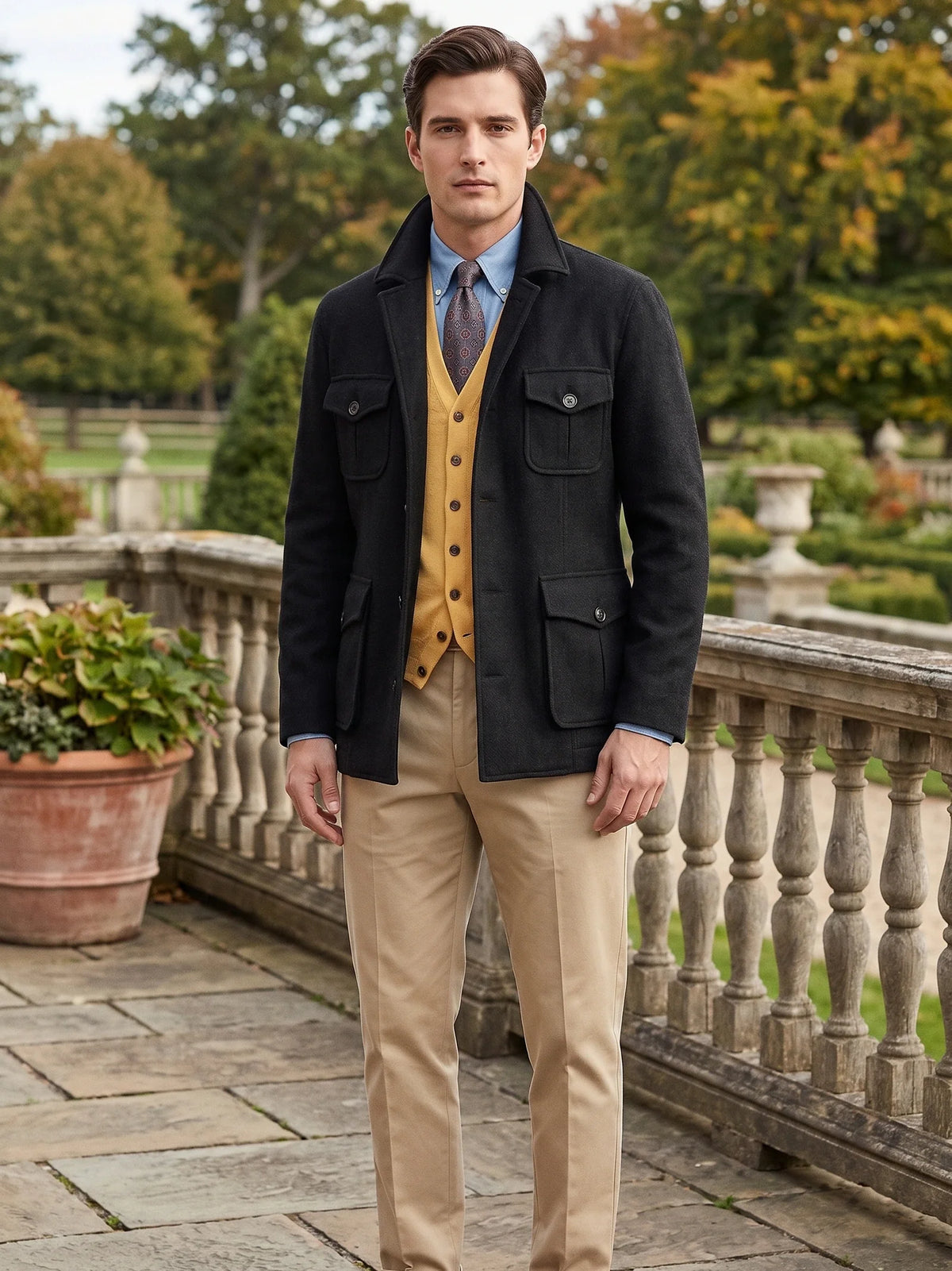 Men's tweed wool blend blazer – Black lifestyle view – Edward & Lawsen