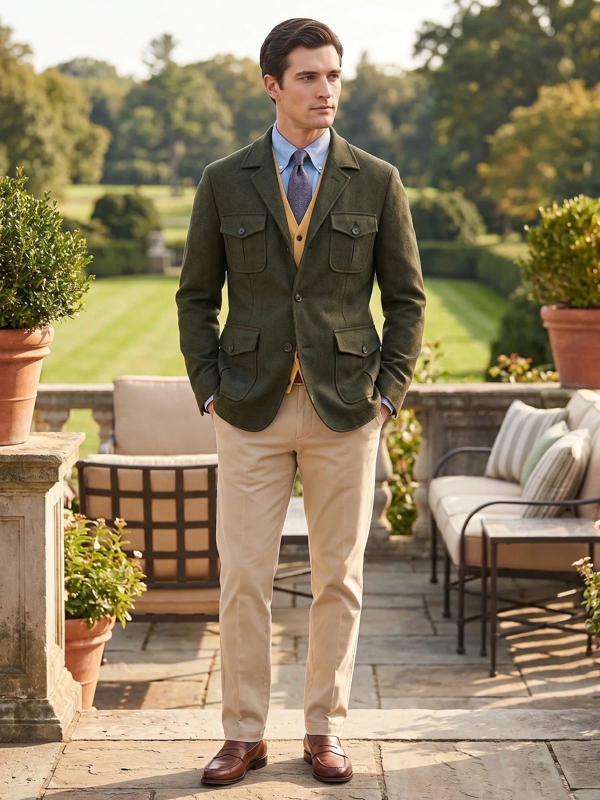 Men's tweed wool blend blazer – Green lifestyle view – Edward & Lawsen