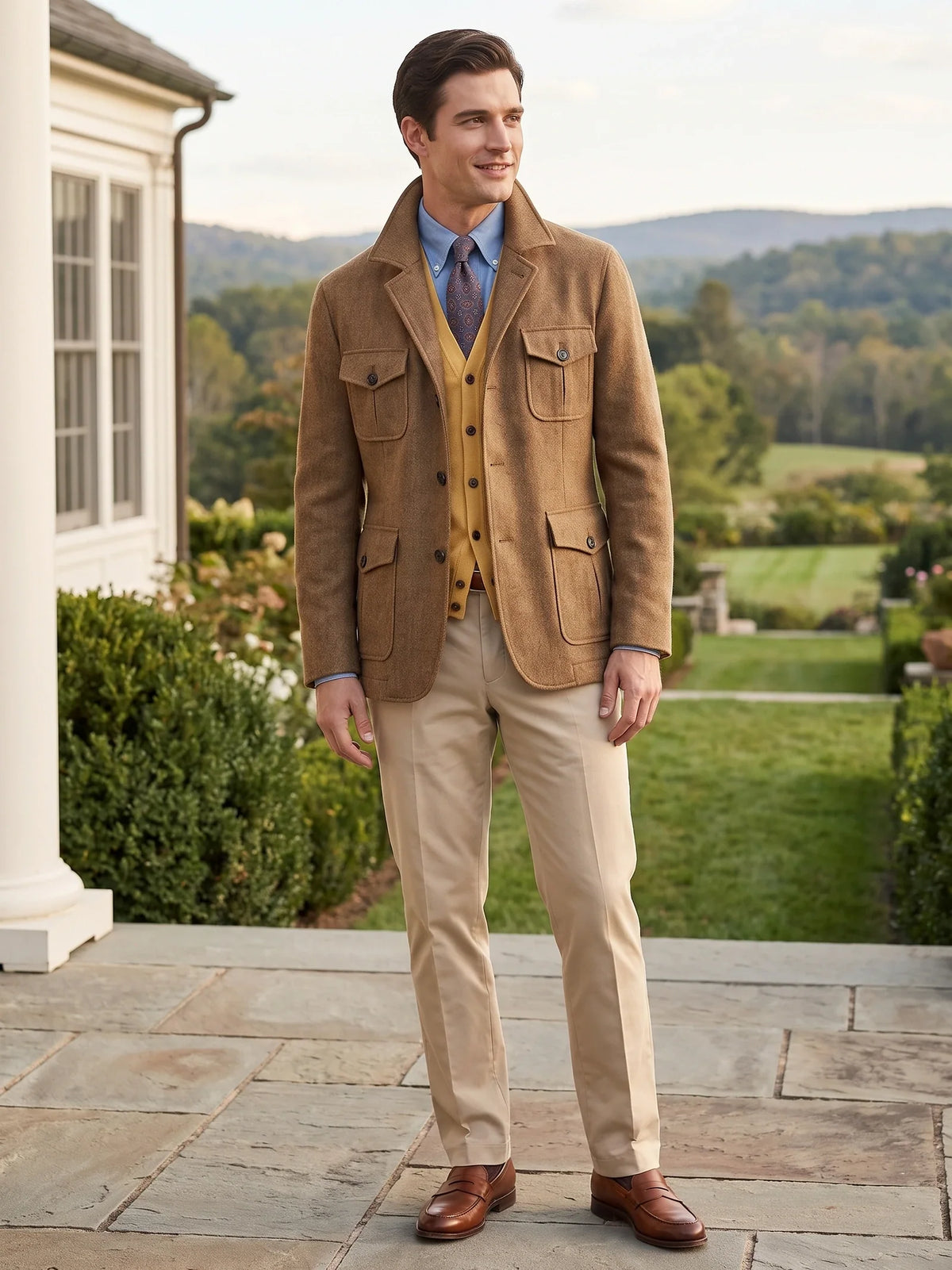 Men's tweed wool blend blazer – Khaki lifestyle view – Edward & Lawsen