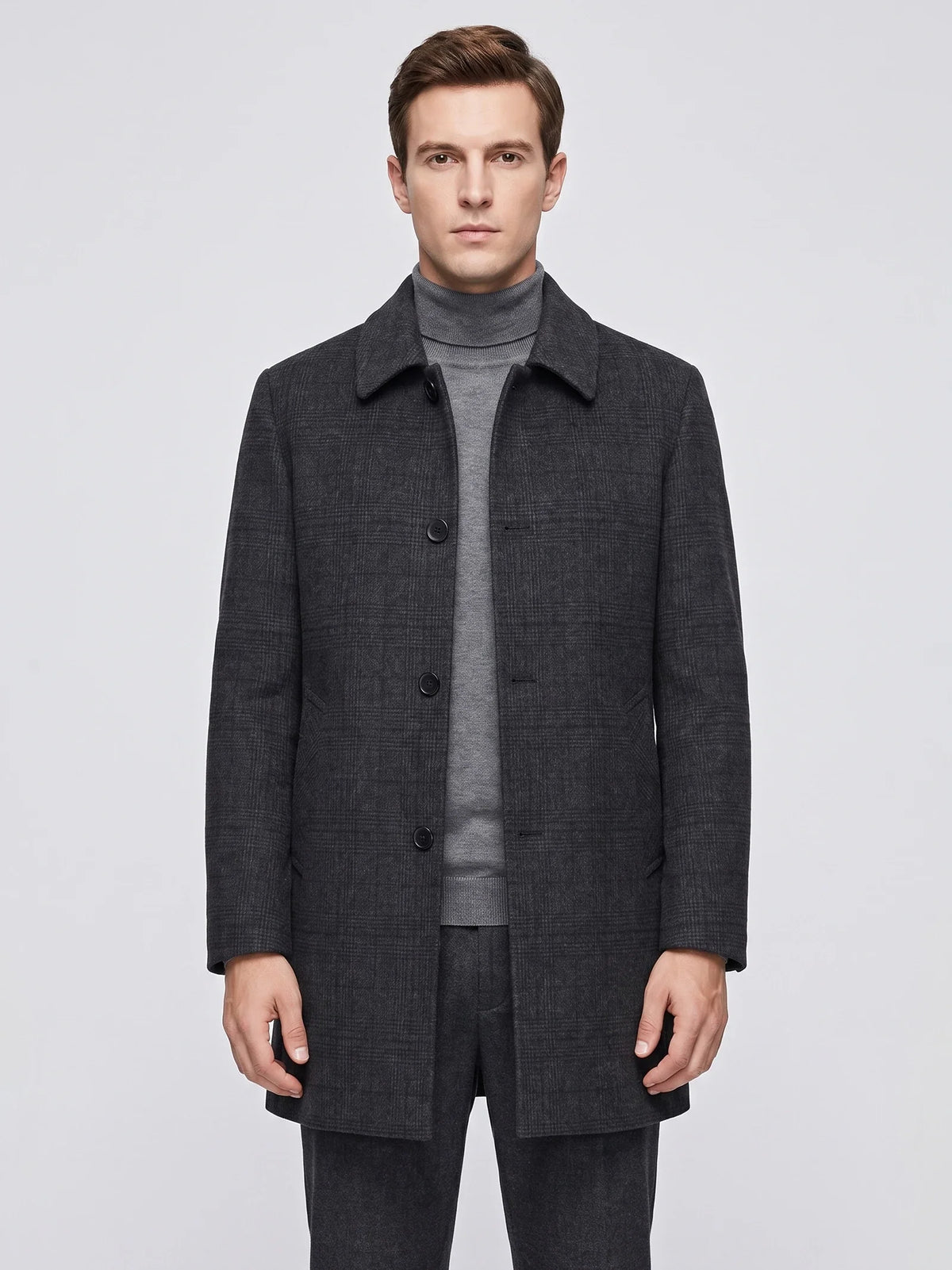 Men's wool trench coat – Black front view – Edward & Lawsen