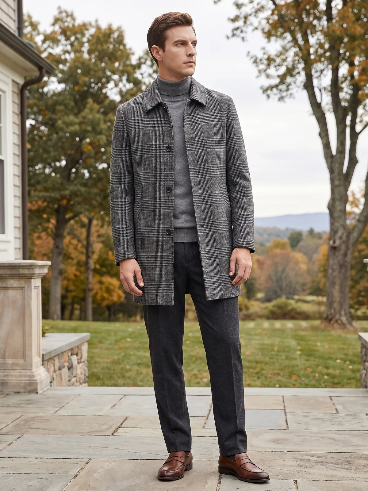 Men's wool trench coat – Gray lifestyle view – Edward & Lawsen