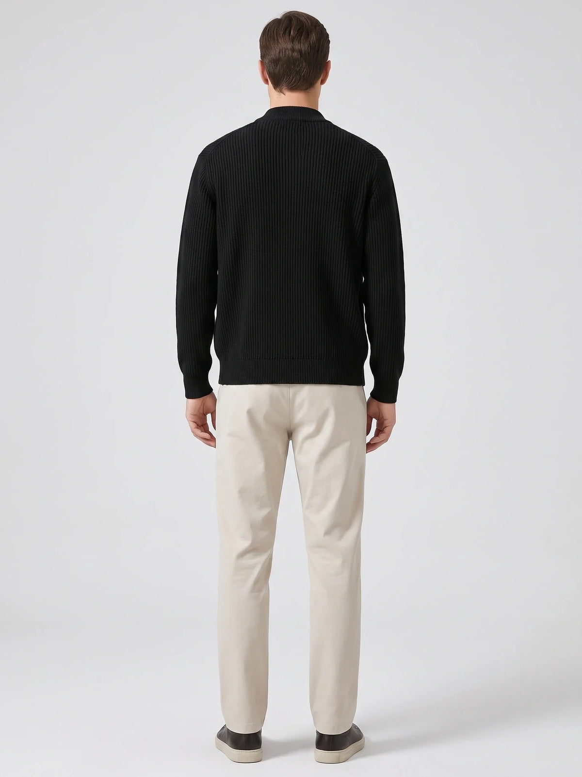 Men's zip-up stand collar cardigan – Black back view – Edward & Lawsen