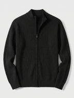 Men's zip-up stand collar cardigan – Black full view – Edward & Lawsen