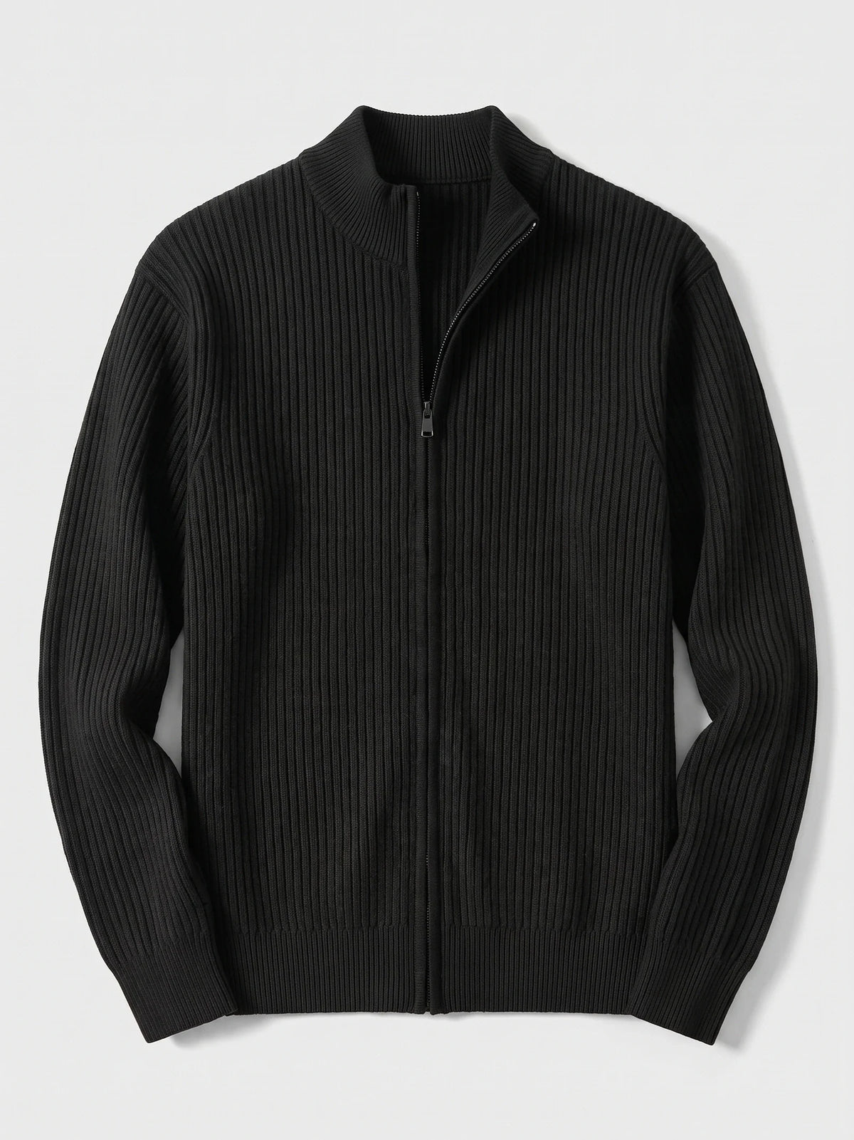 Men's zip-up stand collar cardigan – Black full view – Edward & Lawsen