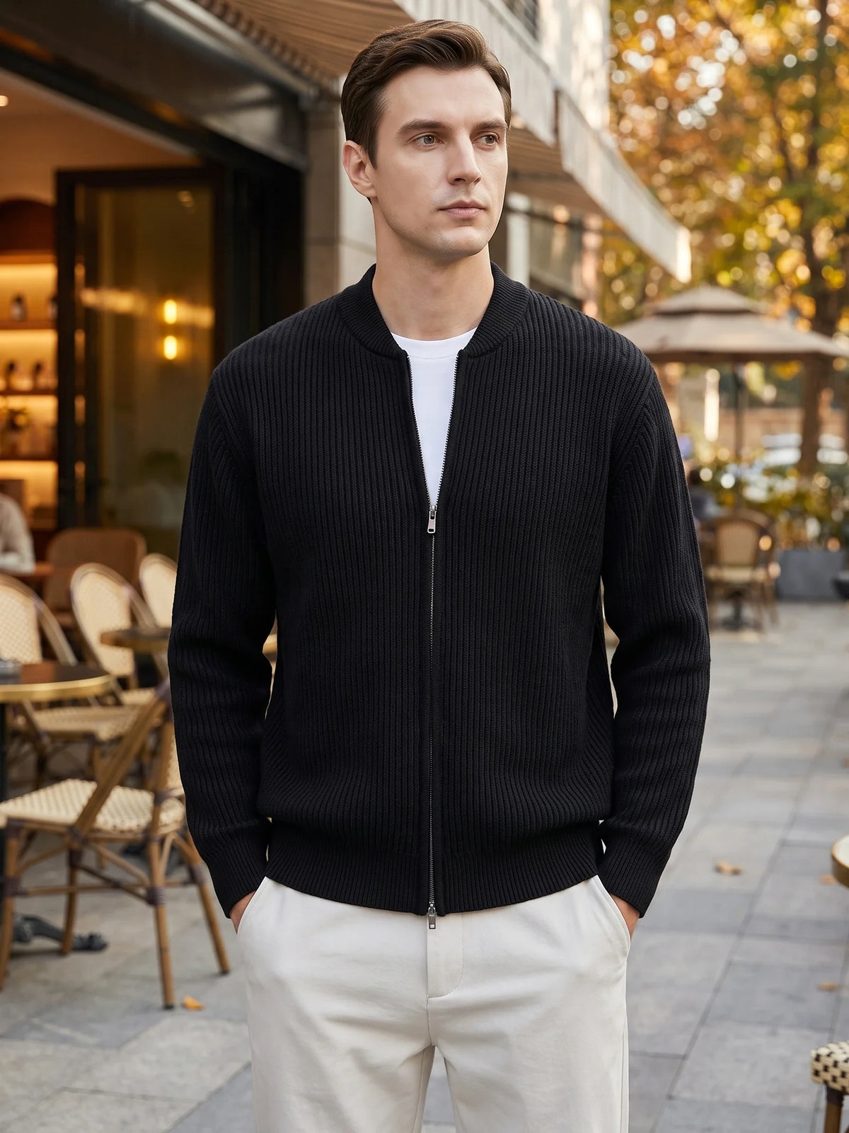 Men's zip-up stand collar cardigan – Black lifestyle view – Edward & Lawsen