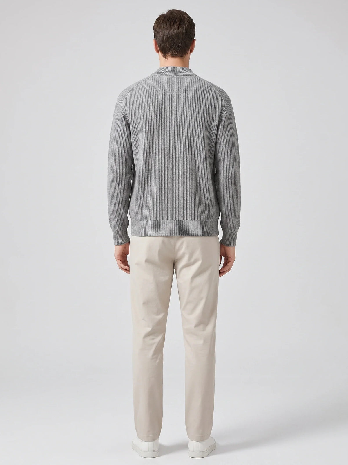 Men's zip-up stand collar cardigan – Gray back view – Edward & Lawsen