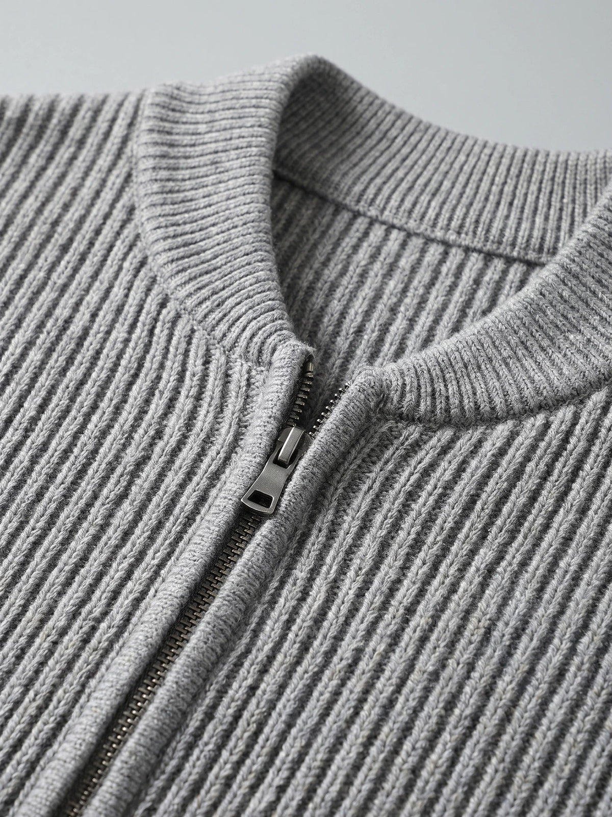 Men's zip-up stand collar cardigan – Gray detail view – Edward & Lawsen