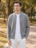 Men's zip-up stand collar cardigan – Gray lifestyle view – Edward & Lawsen